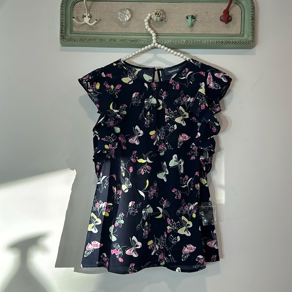ModCloth ruffle short sleevebutterfly floral top size xxs women’s navy top new - Picture 3 of 9